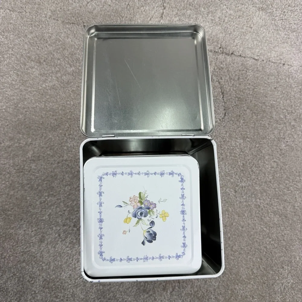 Vintage Meister Brazil Octagonal Floral Tin Hinged Keepsake Box Silver Trim